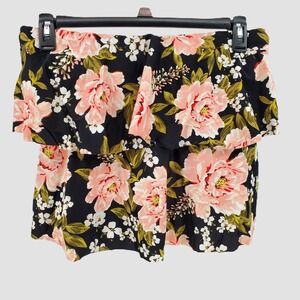 Kona Sol Womens Large Black Pink Floral Ruffle Strapless Flounce Swim Bikini Top